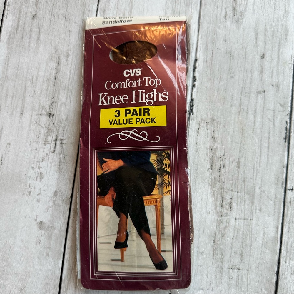 VINTAGE CVS COMFORT TOP KNEE HIGHS SANDAL FOOT 3 Pack TAN REGULAR